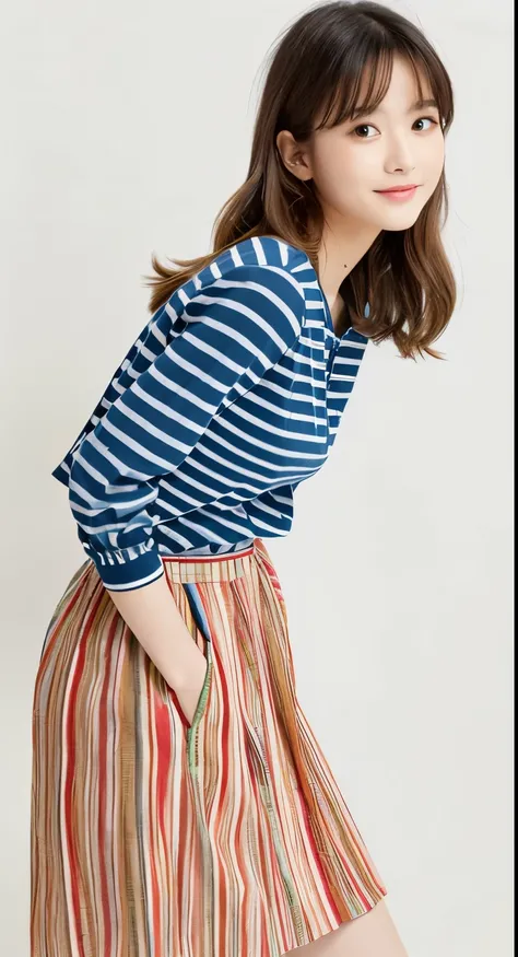 Best quality, 1 beautiful woman, wearing Striped shirt & Pleated skirt, 35mm lens, f/ 1. 8, looking at viewer, white background