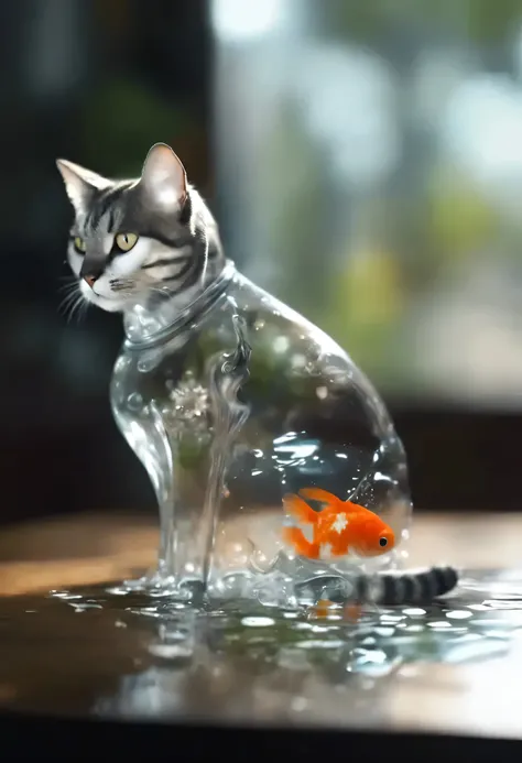 There is a cat sitting on a table with a bowl of fish., Liquid Cat, Awesome CGI, Hyperrealistic painting, Ultra-realistic painting, Cat swimming in water, Ultra-realistic illustrations, Surreal illustration, Perfectly realistic and yet unrealistic, Surreal...