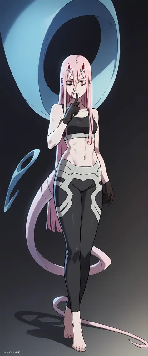 Inspiration from Anime Darling in the Franxx Science Fiction, humanoid alien, woman, vivid lilac skin color, a horn in the middle of the forehead, red eyes, black tight open finger gloves , a tight little black top, leggy pants with a design with rounded s...