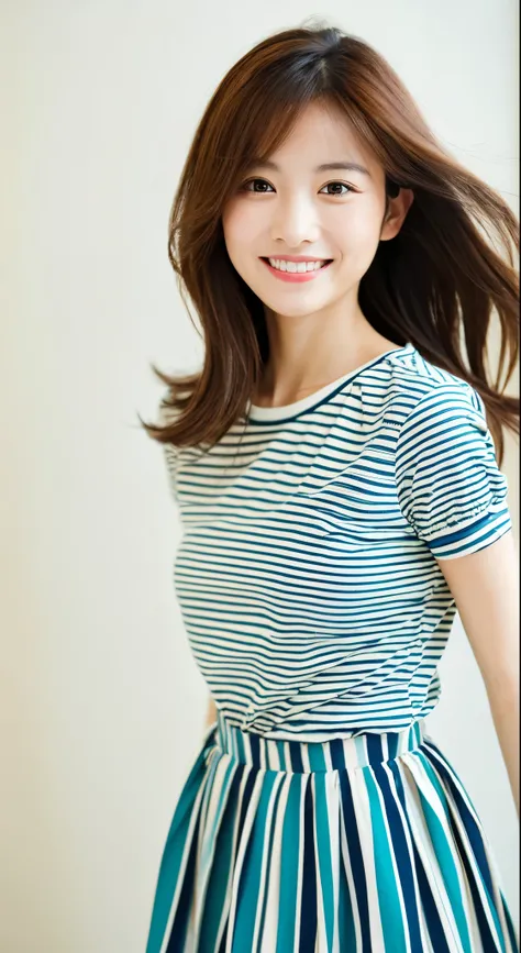 Best quality, 1 beautiful woman, wearing a striped shirt & pleated skirt, 35mm lens, f/1.8, looking directly at the viewer with a warm smile, white background, her gaze facing forward.