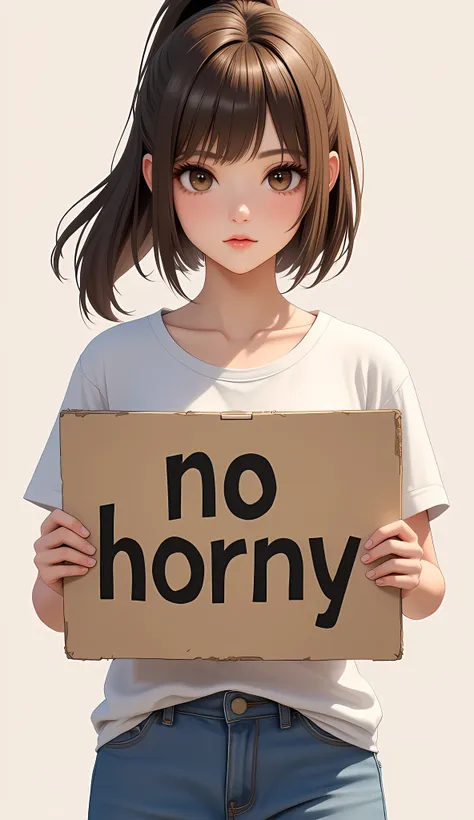 1girl, holding a sign "no horny,"