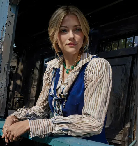 woman with a blue necklace, blond hair, green eyes, striped blouse and blue vest, 3