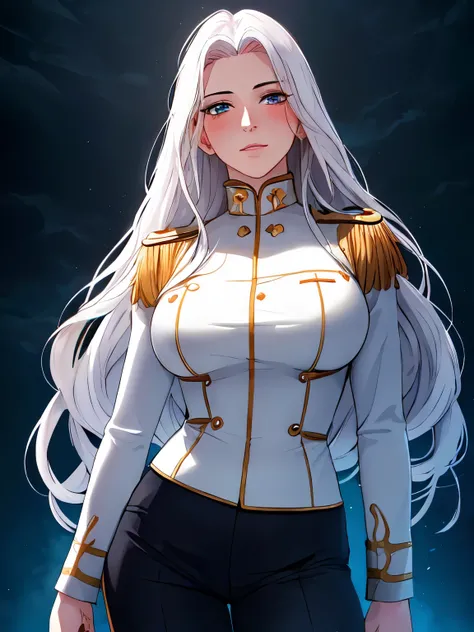 (shoujo style), ((hair detail, eyelash detail, bangs)), manhwa scene, 1girl, a soldier, blush, breasts, clouds, contrapposto, cowboy shot, day, nails, forehead, big breasts: 1.2, hair long, long sleeves, looking at the viewer, outdoors, pants, blue eyes, w...