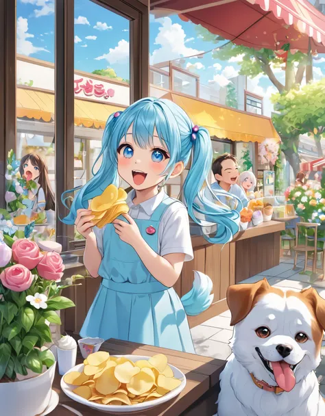 Chibi character eating potato chips、Light blue long hair、Beautiful girl with twin tails、He is eating potato chips with his mouth wide open and looking pleased.、There is also juice、smile、A bright restaurant window decorated with lots of flowers、I also eat s...