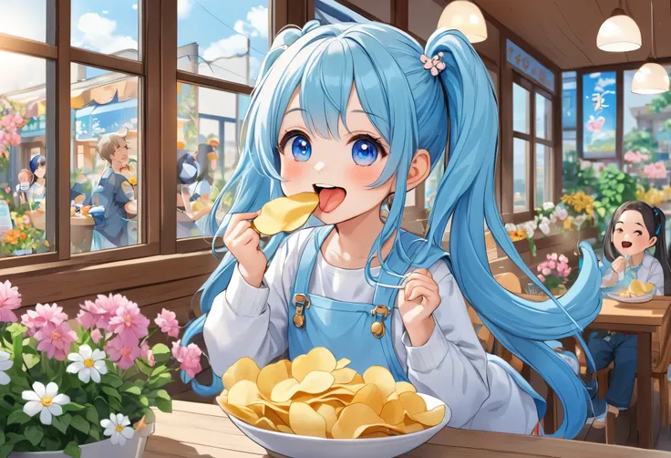 Chibi character eating potato chips、Light blue long hair、Beautiful girl with twin tails、He is eating potato chips with his mouth wide open and looking pleased.、There is also juice、smile、A bright restaurant window decorated with lots of flowers、My dog is wi...