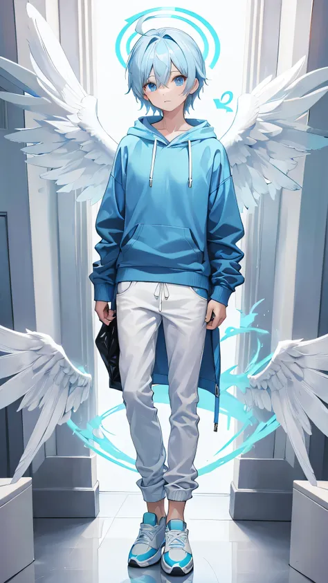 Young Man, Light blue hoodie, Light blue pants, Angel Wings, Headdress, Light blue sneakers, Character portrait 