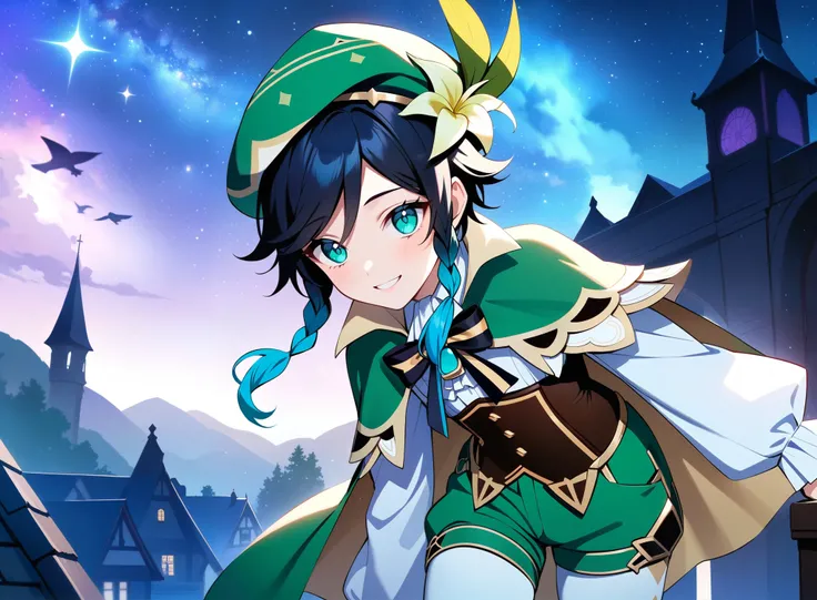 (best quality,4k,8k,highres,masterpiece:1.2),1boy,venti_(genshin_impact),standing on a roof in a fantasy german city,mondstadt,(face focus,detailed face and clear eyes),flat chest,realistic:.5,night time,ladyshadow,bluegreen eyes,mysterious smile,green cap...