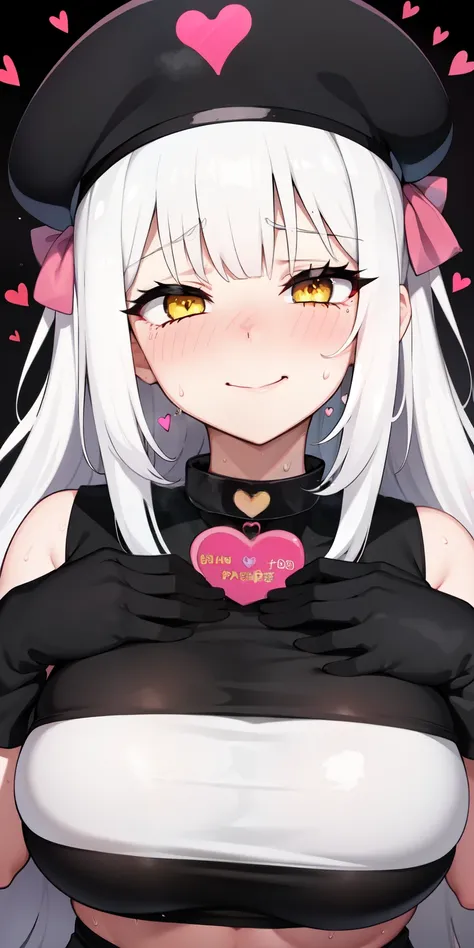 One girl,heart-shaped pupils,nail,put your hand on your face,Black Russian hat,Long white hair,Yellow eyes,(blush:1.1),choker,Upper Body,trembling,Sweat,Sweatdrop,heart,(Speed Line:1.1),Medium chest, ((Heavy breathing:1.3)), like, heart, Crop top, Happy, s...