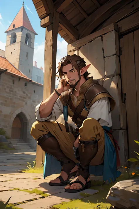 ((The best quality)), ((Masterpiece)), (detailed), , half-elf, shoulder length brown hair, goatee, medieval shelter