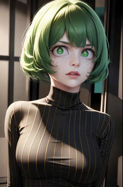 1 girl,lime skin,Verde hair,strong green pupils with light swirls,black t-shirt with vertical white stripes,long turtleneck,elegant long sleeves,photorealistic,ultra-detailed,4k,highres,masterpiece,highly detailed face and eyes,intricate details,realistic ...