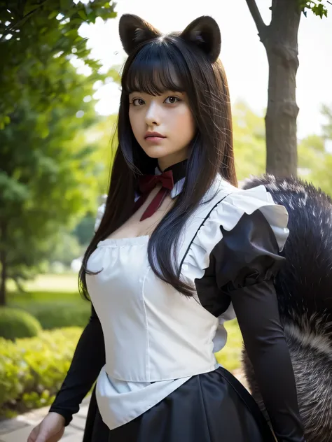 ((Best Quality, 8k)), ((masterpiece)), (Highest Resolution), Perfect Face, Woman with raccoon ears, Woman with a tail, Beautiful woman, She is a housekeeper, This was taken outside the castle, Only one tail, She has thick thighs, Her big raccoon tail, I ca...