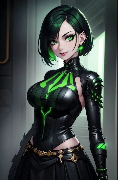 A beautiful girl with short green hair, dark clothes, a wide skirt, electronic style, piercing, eyeliner, smiling, detailed facial features, green eyes, detailed hair, masterpiece, photorealistic, hyperdetailed, cinematic lighting, octane render, sharp foc...