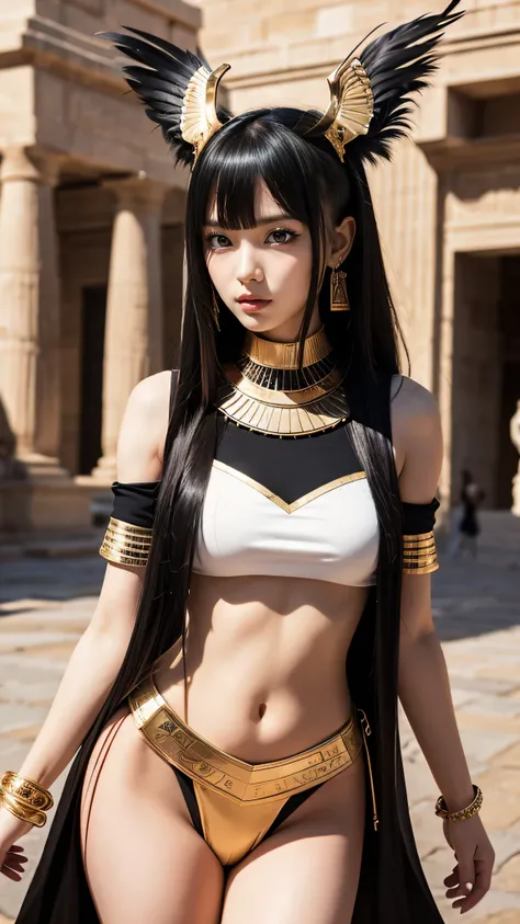 ②）Create an ultra-realistic 8K resolution image of a character inspired by the Egyptian god Horus, transformed into a slender ultimate moe (萌え) character. She retains the defining features of Horus, such as the falcon head with sharp, piercing eyes and sle...