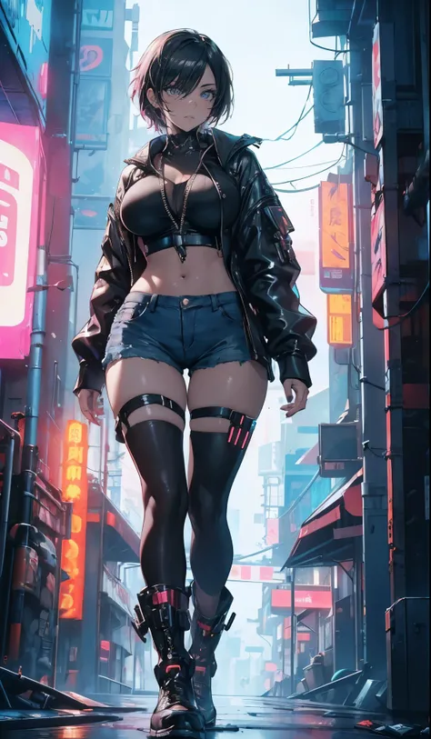 ((Big Breasts,cyberpunk,Sexy Lingerie)),beautiful, masterpiece, Best Quality,Beauty, Look at the viewers,Serious,boots,Glaring,Facing forward,neon lights,alley,Short denim pants,Short Hair