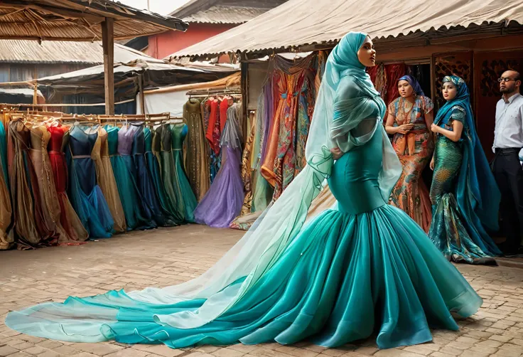 A woman shrouded in 9 meters of transparent silk organza ,tight wrapped from the waist to the thighs and mermaid shape on the bottom of dress, tied tightly and magnificently draped along her body shape, 9 meter long flowing dress tail on the floor, strugle...