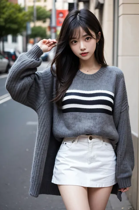 1 girl, World Moka, black hair, Long hair, black eyes, round eyes, Japanese, white skin, black sweater, striped sweater, denim skirt, born naturally, Photo