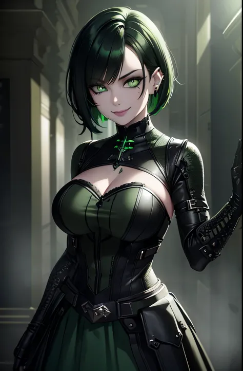 A beautiful girl with short green hair, dark clothes, a wide skirt, electronic style, piercing, eyeliner, smiling, detailed facial features, green eyes, detailed hair, masterpiece, photorealistic, hyperdetailed, cinematic lighting, octane render, sharp foc...