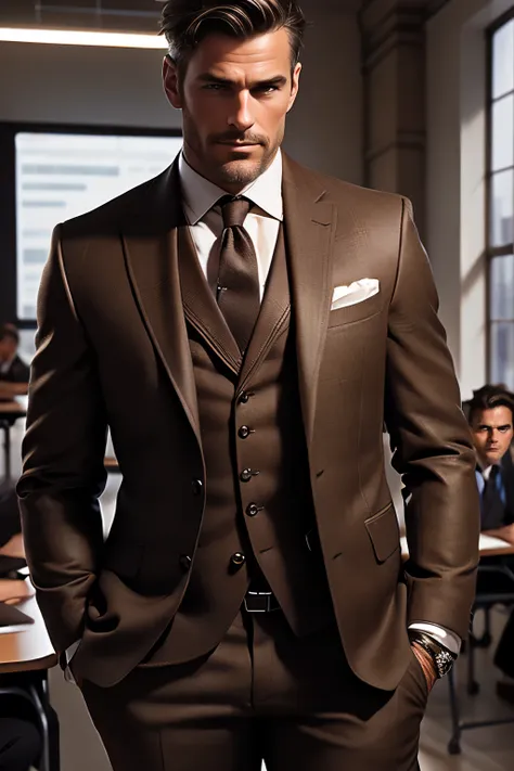 handsome male, 50 year old man, attractive, with an elegant suit, in a classroom, (brown hair with some white streaks), extremel...