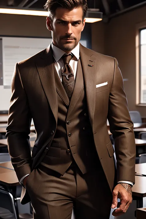 handsome male, 50 year old man, attractive, with an elegant suit, in a classroom, (brown hair with some white streaks), extremely detailed face, hyper detailed, realistic, photorealistic, 8k, high quality, studio lighting, detailed male body