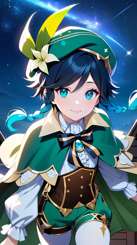 (best quality,4k,8k,highres,masterpiece:1.2),1boy,venti_(genshin_impact),taking off from a roof in a fantasy german city,mondstadt,(face focus,detailed face and clear eyes),flat chest,realistic:.5,night time,ladyshadow,bluegreen eyes,mysterious smile,green...