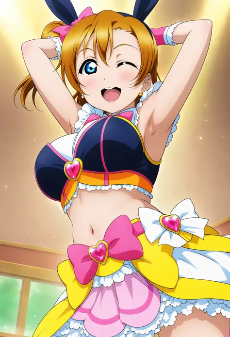 (Masterpiece, Best Quality, High Quality),anime style, love live,kousaka honoka , kousaka honoka,id_honoka_kosaka,love live,blue eyes, brown hair ,gloves ,harness ,thick thighs, magical girl , midriff, standing , cowboy shot , arms up, armpits,big breasts ...