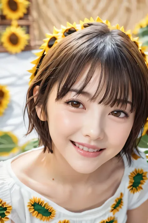 (Beautiful girl dancing with a smile in a sunflower field:1.8), (My hair flutters in the wind:1.8), (Baby Face:1.3), (Child body type:1.6), (Best Quality:1.4), (Very detailed), (Very detailedな美しい顔), (Realistic skin:1.4), (The focus is on the face:1.5), (sm...