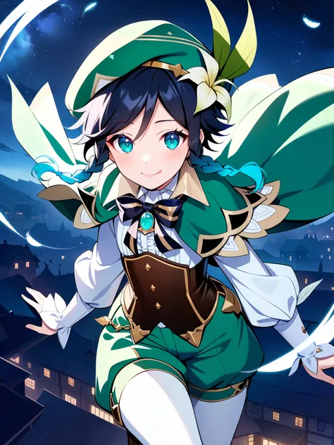 (best quality,4k,8k,highres,masterpiece:1.2),1boy,venti_(genshin_impact),flying above rooftops in a fantasy german city,mondstadt,(face focus,detailed face and clear eyes),flat chest,realistic:.5,night time,ladyshadow,bluegreen eyes,mysterious smile,green ...