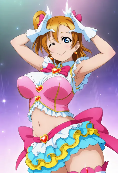 (Masterpiece, Best Quality, High Quality),anime style, love live,kousaka honoka , kousaka honoka,id_honoka_kosaka,love live,blue eyes, brown hair ,gloves ,harness ,thick thighs, magical girl , midriff, standing , cowboy shot , arms up, armpits,big breasts ...