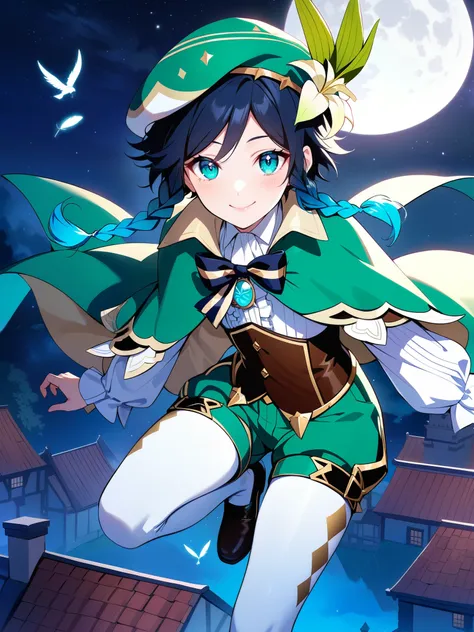 (best quality,4k,8k,highres,masterpiece:1.2),1boy,venti_(genshin_impact),flying above rooftops in a fantasy german city,mondstadt,(face focus,detailed face and clear eyes),flat chest,realistic:.5,night time,ladyshadow,bluegreen eyes,mysterious smile,green ...