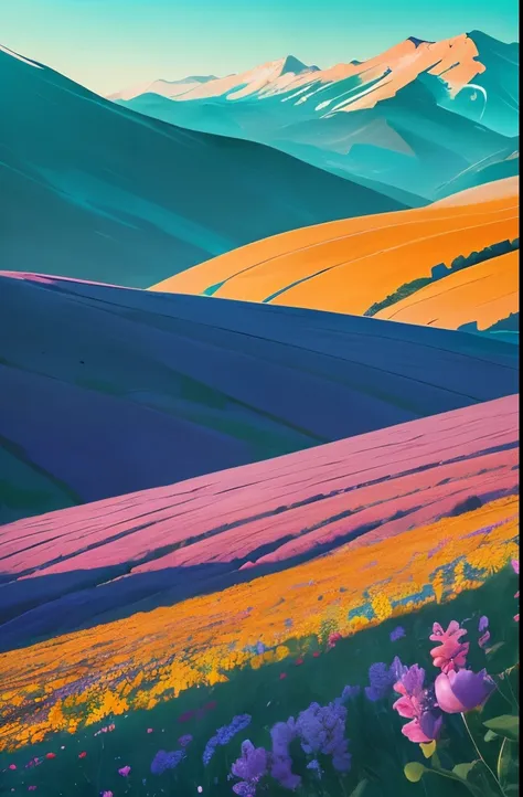 arafed view of a field of wildflowers and mountains in the distance, an album cover by Jerry Weiss, flickr, color field, field of wild flowers, orange and turquoise ans purple, vast lush valley flowers, fields of flowers, field of flowers, wildflowers, mea...