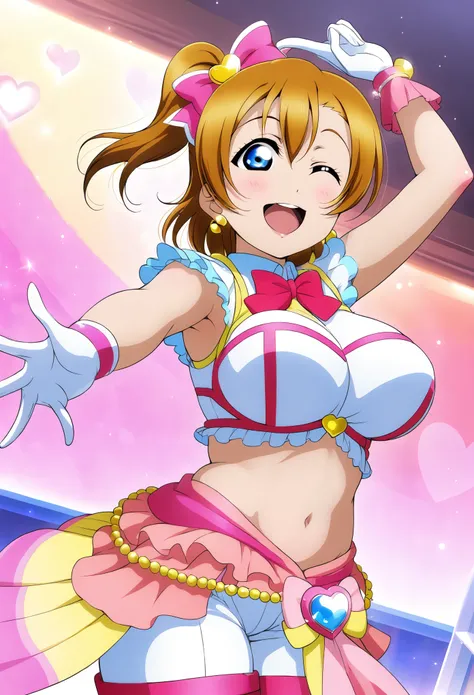 (Masterpiece, Best Quality, High Quality),anime style, love live,kousaka honoka , kousaka honoka,id_honoka_kosaka,love live,blue eyes, brown hair ,gloves ,harness ,thick thighs, magical girl , midriff, standing , cowboy shot , arms up, armpits,big breasts ...