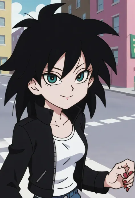 p&s style, rating_safe, score_10, sharp, anime screencap, flat shadows, flat colors, gine, 1girl, solo, breasts, looking at viewer, black hair, long sleeves, arms by side, upper body, outdoors, green eyes, happy, black spiked hair, street, leather jacket, ...