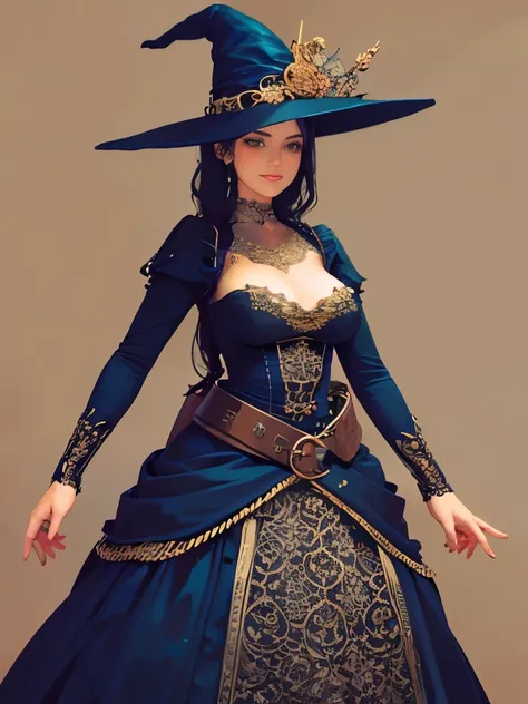 a woman in a dress with a belt, fantasy style clothing, medieval dress. witch, detailed dress, beautiful detailed dress, by Hermann Rüdisühli, detailed dress and face, fantasy outfit, ornately dressed, in detailed steampunk dress, beautiful clothes, full d...