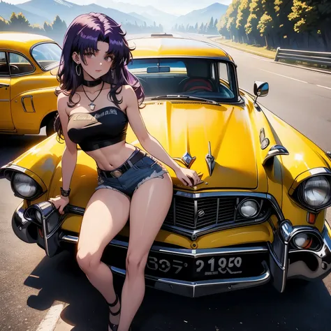 4k, HDR, full HD, Masterpiece, 1girl, 1car, long purple hair, perfect anatomy, full body, denim shorts, yellow strapless crop top, sitting on the hood of a car that is black, the car is 1957 Cadillac Eldorado Brougham,