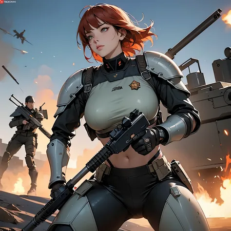 nsfw, anime screencap style, 16k, perfect anatomy proportion body, action, A dynamic composition with a sense of speed and movement, (Firing an assault rifle, shooting:1.6), a wife, 40age, perfect beautiful delicate sexy face, perfect beautiful delicate sl...