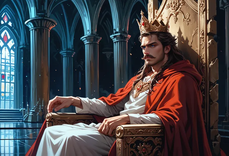 (masterpiece, highest quality), (1boy, solo:1.3, (he's seated on a throne, grumpy)), (boy is zeus, old, muscular, (detailed eyes...