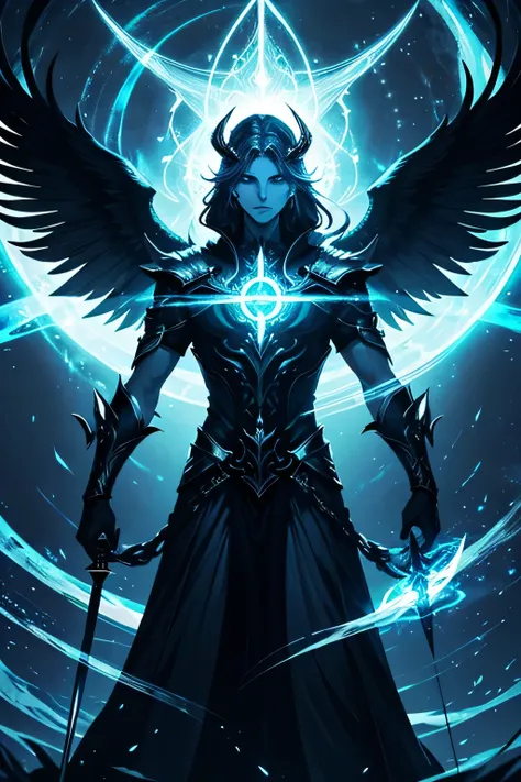 An ethereal, elegant portrayal of Samael, the archangel of death, standing in a mythical twilight realm. He has large, dark wings that radiate a faint, glowing aura, with intricate silver and gold accents tracing their feathers. His robes are flowing and r...