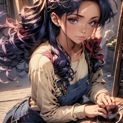 4k, HDR, full HD, Masterpiece, 1girl, solo, long purple hair, perfect anatomy, full body, artisan making a clay cup, she is wearing denim overalls, under the overalls she is wearing a white shirt with the long sleeves rolled up, in Her head is wearing a sc...