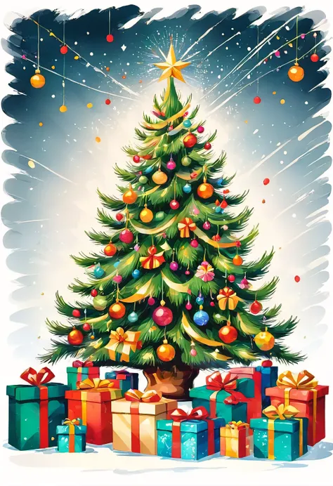 The Christmas tree is adorned with various giftsincluding simple brushstrokes, illustrations,minimalist styles, and a white background.