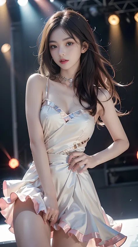 ulzzang-6500-v1.1, (RAW photo: 1.2), (Real photo), (Real photo: 1.4), 1 girl、Perfect anatomy、1、Looking at the camera、Medium length hair、dance dress, ((performing on stage: 1.1))、(Business service)、Asian eyes Ella,