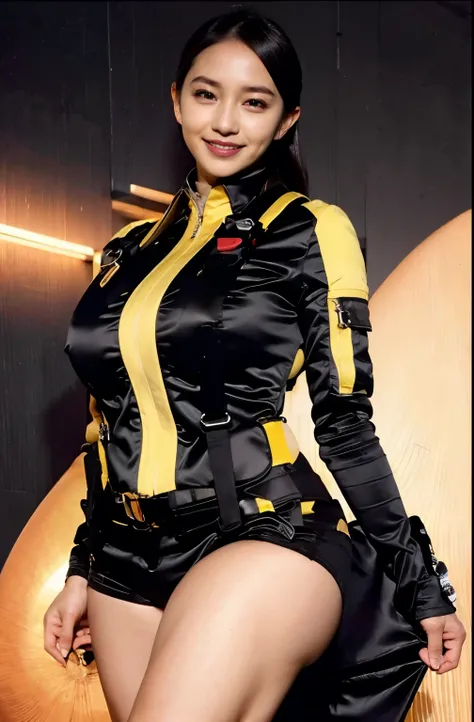 (Very realistic), (Best Quality), ((round, Small and precise face)), Glowing Skin, Glowing Skin,Wide Hips,Chubby,Healthy Body,Yokozaki beauty々,Black gloves,clock,iris,short Shorts,black Shorts, Short boots,,jacket,Shorts, Black Hair,Long Hair,Big Breasts,A...