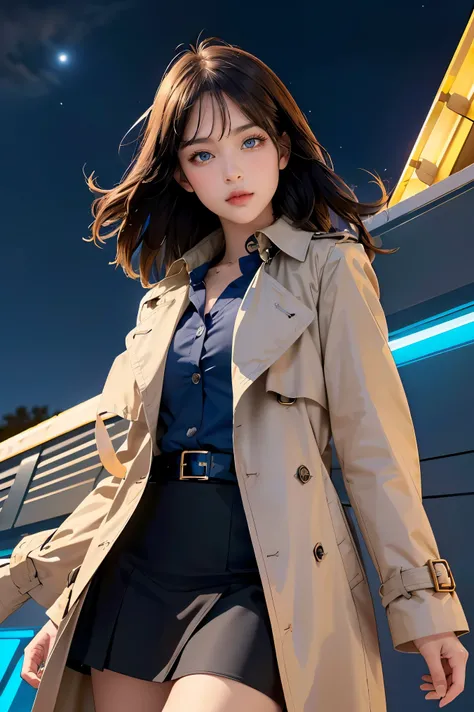 (best quality, masterpiece),(1girl, trench coat,expression face, blue eyes, looking at viewer, black hair, closed mouth, dress shirt, black skirt, hand at viewer), (less blue light, swrling many blue glass pieces behind, floating objects, night sky)