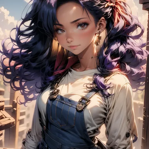 4k, HDR, full HD, Masterpiece, 1girl, solo, long purple hair, perfect anatomy, full body, artisan working the clay, denim overalls, under the overalls she wears a white shirt with the long sleeves rolled up, on her head she wears a handkerchief-bandana hol...