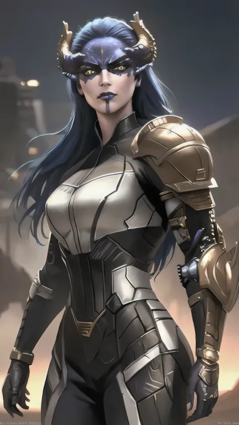 proxima, long hair, blue hair, yellow eyes, colored skin, horns, lipstick, makeup, armor, (insanely detailed, beautiful detailed...