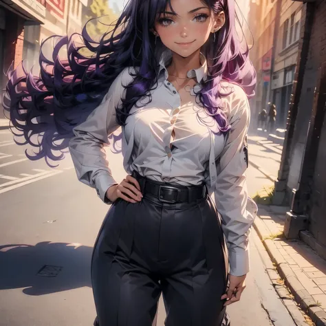 4k, HDR, full HD, Masterpiece, 1girl, solo, long purple hair, perfect anatomy, full body, pink button-down shirt with long sleeves, but the sleeves are rolled up to the elbow, shirt tied at the waist, dress pants black woman, leather belt, standing with on...