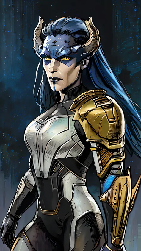 proxima, long hair, blue hair, yellow eyes, colored skin, horns, lipstick, makeup, armor, (insanely detailed, beautiful detailed...