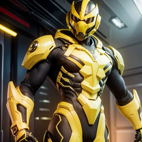 cyrax, yellow robot, male, yellow, green shiny eyes, yellow armor