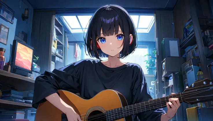 High resolution, Very delicate, Super detailed,8k, Upper Body, Messy room, Apartment, Detailed２０One woman in her late twenties(Playing Acoustic Guitar:1.1)　((blue eyes)) (((Shortcuts、Bobcut、Shiny black hair))) (((Are you wearing your headphones correctly?)...