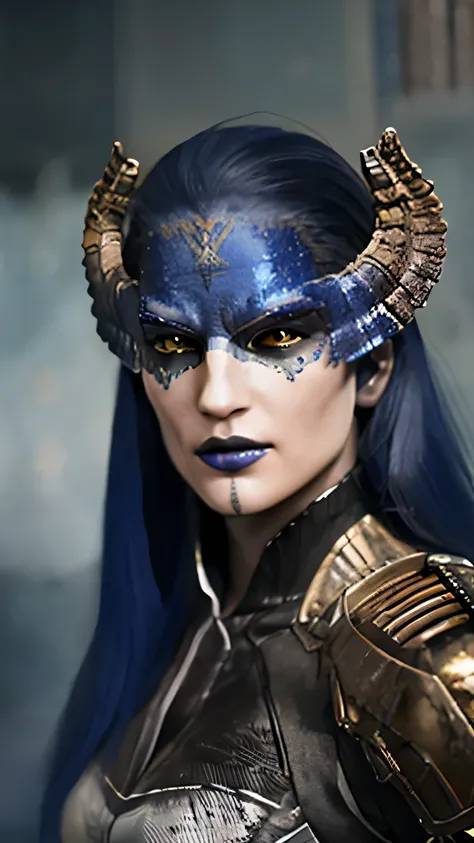 proxima, long hair, blue hair, yellow eyes, colored skin, horns, lipstick, makeup, armor, (insanely detailed, beautiful detailed...