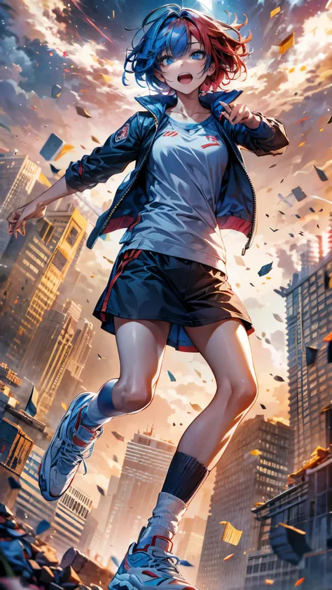 World end,a girl with short hair, blue and red hair, slender body, wearing jersey, sports style, socks and sneakers, floating in the air, psychic battle with a psychopath, debris and collapsing city in the background, rage expression with a slight smile, p...